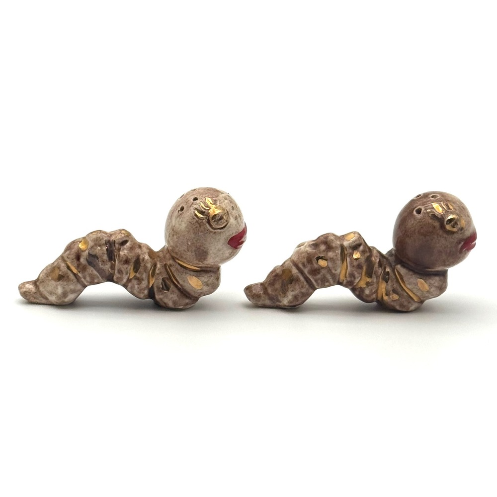 Hand Painted Worm Salt and Pepper Shakers Vintage Anthropomorphic Set